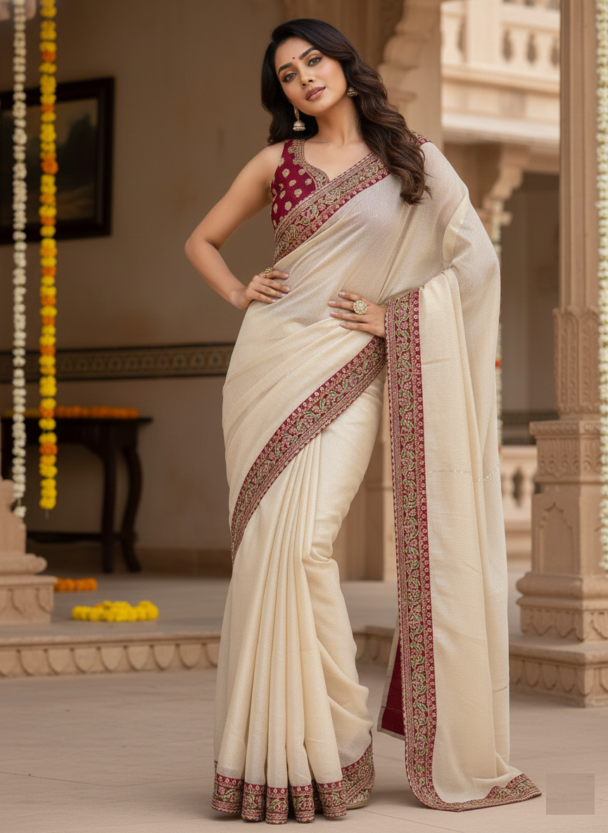 Banarasi Crush Sequins Party Wear Saree with  Cording Sequins Embroidery