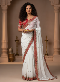Model showcasing a dazzling Banarasi Crush Sequins Party Wear Saree with intricate cording embroidery by Ree Fashion