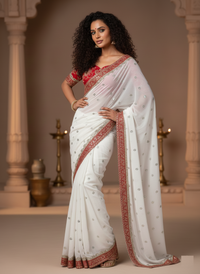 Model showcasing a dazzling Banarasi Crush Sequins Party Wear Saree with intricate cording embroidery by Ree Fashion