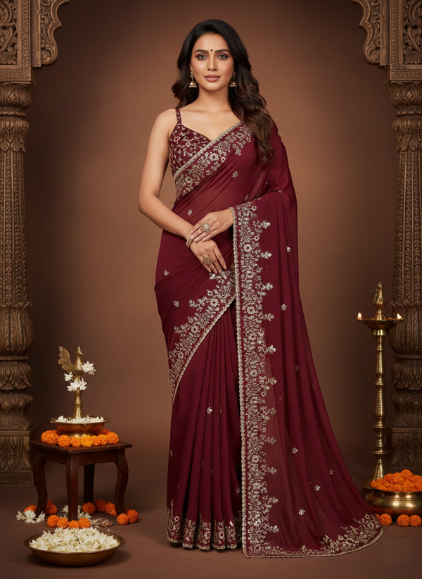 Elegant Sequin Embroidered Chiffon Saree