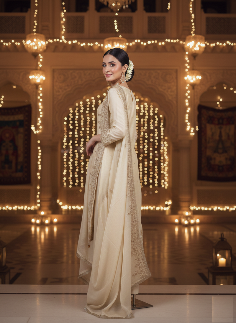 Elegant Embroidered GMY Chow Palazzo Set and Embroidery Sequence, Moti & Lace Work