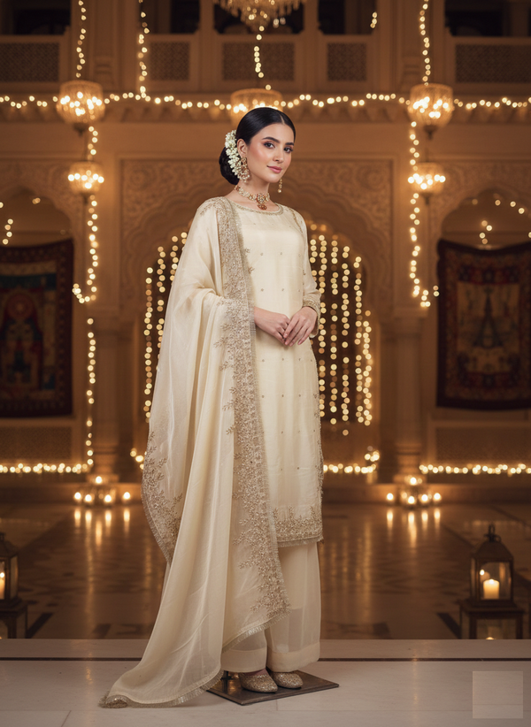 Elegant Embroidered GMY Chow Palazzo Set and Embroidery Sequence, Moti & Lace Work