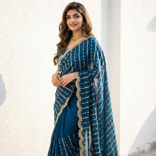 Fendy Satin Dual Shade Sequin Embroidered Party Wear Saree