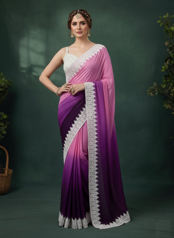 Two-Tone Chinon Chikankari Sequins Lace Designer Saree ✨