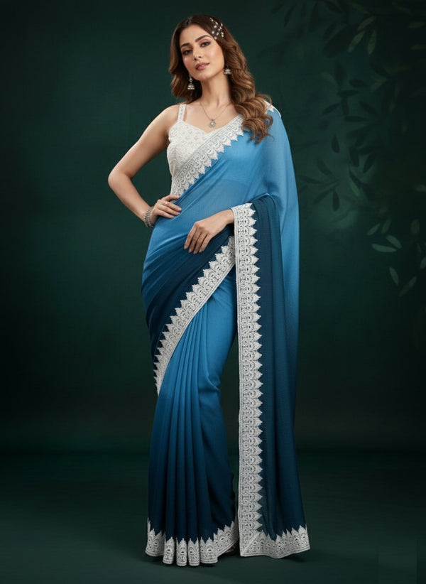 Two-Tone Chinon Chikankari Sequins Lace Designer Saree ✨