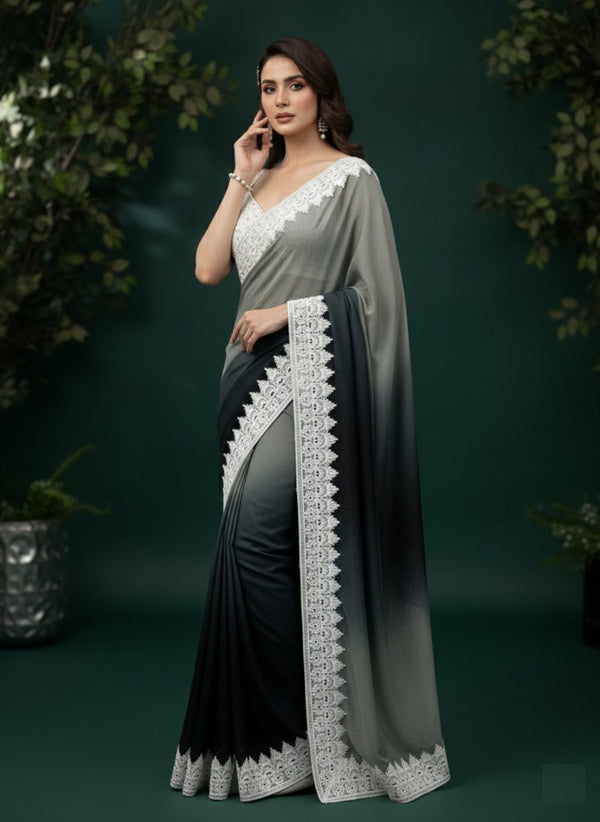 Two-Tone Chinon Chikankari Sequins Lace Designer Saree ✨