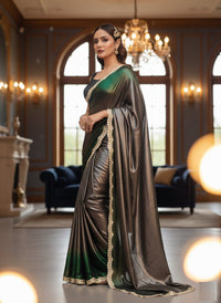 Soft shimmer Sabyasachi-inspired designer saree draped elegantly, showcasing intricate embroidery and delicate lace details.