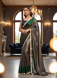 Soft shimmer Sabyasachi-inspired designer saree draped elegantly, showcasing intricate embroidery and delicate lace details.