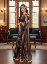 Soft shimmer Sabyasachi-inspired designer saree draped elegantly, showcasing intricate embroidery and delicate lace details.