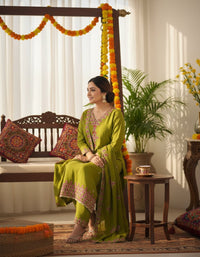 Heavy Pure Chinon Silk Embroidered 3-Piece Suit Set featuring a richly embroidered kurta, matching pure silk bottoms, and a complementary dupatta, showcasing intricate threadwork and luxurious fabric texture.