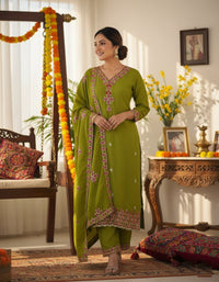 Heavy Pure Chinon Silk Embroidered 3-Piece Suit Set featuring a richly embroidered kurta, matching pure silk bottoms, and a complementary dupatta, showcasing intricate threadwork and luxurious fabric texture.