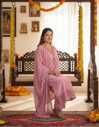 Heavy Pure Chinon Silk Embroidered 3-Piece Suit Set featuring a richly embroidered kurta, matching pure silk bottoms, and a complementary dupatta, showcasing intricate threadwork and luxurious fabric texture.