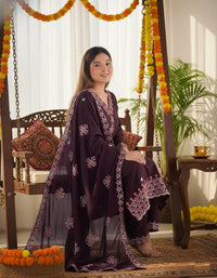 Heavy Pure Chinon Silk Embroidered 3-Piece Suit Set featuring a richly embroidered kurta, matching pure silk bottoms, and a complementary dupatta, showcasing intricate threadwork and luxurious fabric texture.