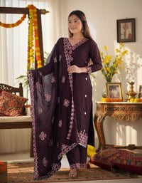 Heavy Pure Chinon Silk Embroidered 3-Piece Suit Set featuring a richly embroidered kurta, matching pure silk bottoms, and a complementary dupatta, showcasing intricate threadwork and luxurious fabric texture.