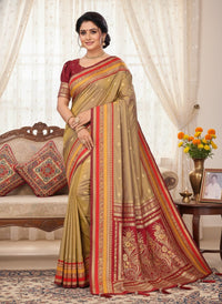 Elegantly draped Pure Handloom Kalamkari Silk Saree with intricate hand-painted motifs and a shimmering gold Zari border on luxurious silk.