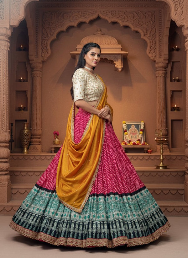 Bandhej Ajrakh Print Sequins Embroidered Festive Lehenga Set ✨