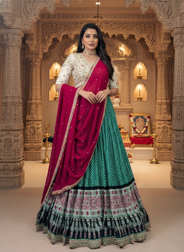 Bandhej Ajrakh Print Sequins Embroidered Festive Lehenga Set ✨