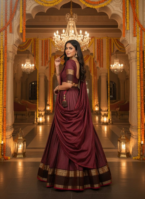 Chettinad Cotton Chex Zari Weaving Lehenga Set ✨