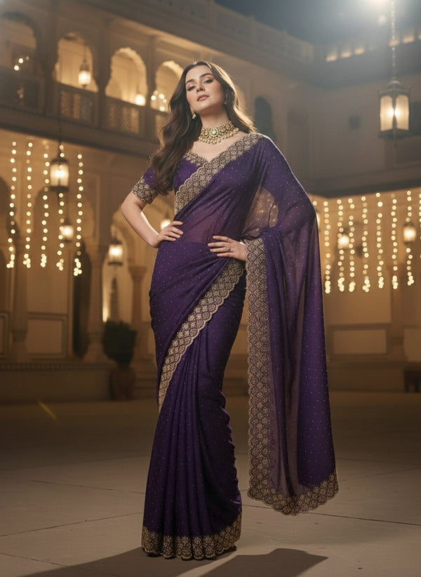 Designer Saree with Heavy Stone Embellished Scalloped Border