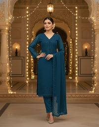 Front view of an elegant Salwar Kameez featuring intricate tonal embroidery and delicate scalloped lace detailing.