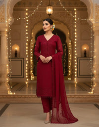 Front view of an elegant Salwar Kameez featuring intricate tonal embroidery and delicate scalloped lace detailing.