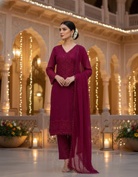 Front view of an elegant Salwar Kameez featuring intricate tonal embroidery and delicate scalloped lace detailing.