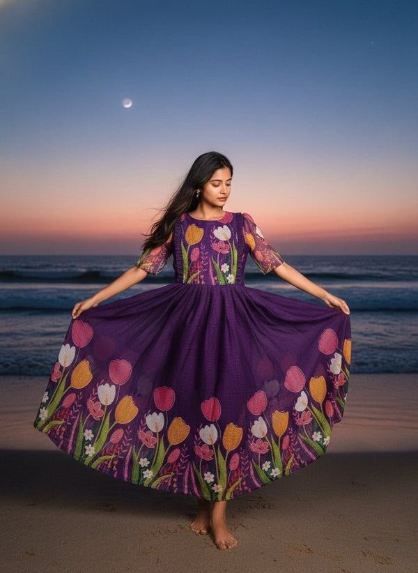 Midnight Garden Tulip Print Purple Maxi Gown with Ruffle Detail