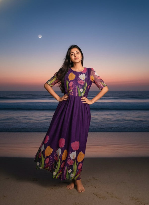 Midnight Garden Tulip Print Purple Maxi Gown with Ruffle Detail