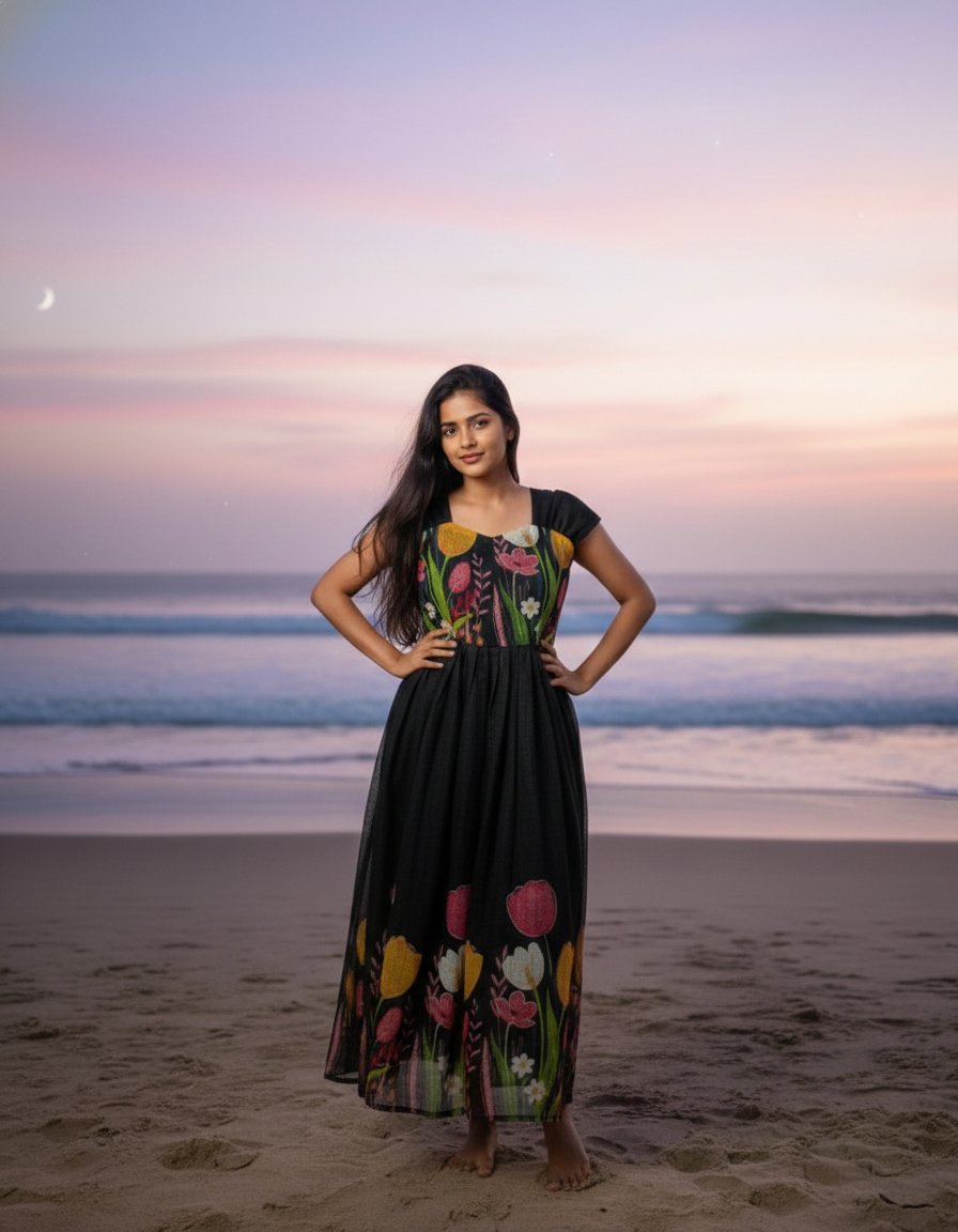 Midnight Garden Tulip Print Purple Maxi Gown with Ruffle Detail