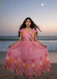 Model in a Midnight Garden purple maxi gown with a vibrant tulip print and delicate ruffle details, perfect for elegant evening events.
