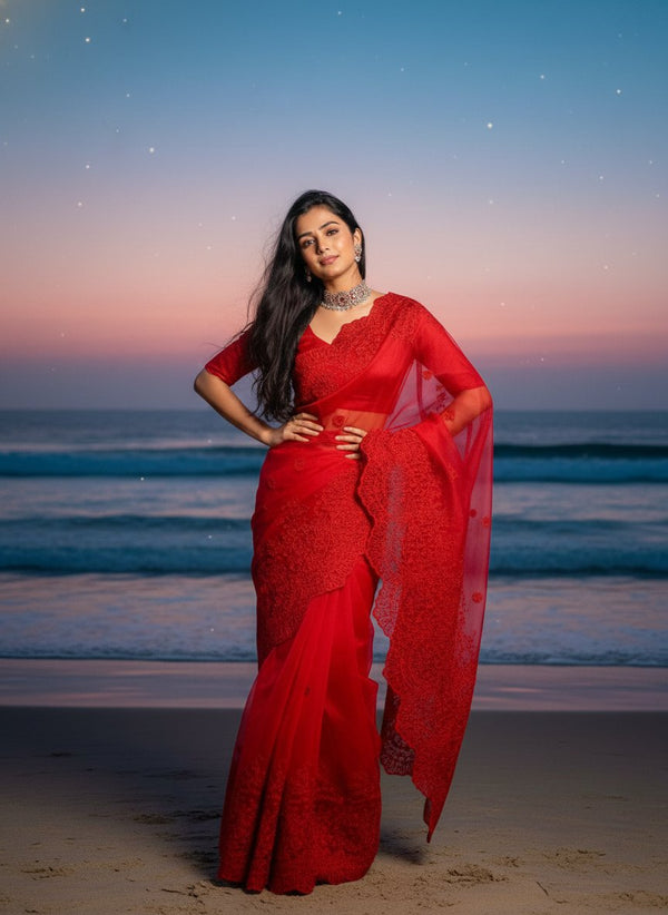 Organza Saree with Heavy Thread Work and Scalloped Border