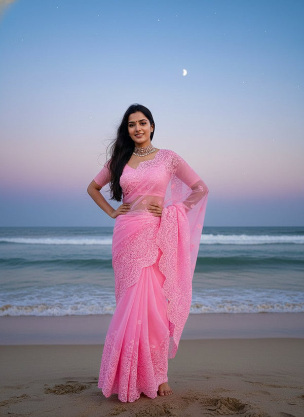 Organza Saree with Heavy Thread Work and Scalloped Border