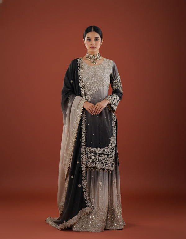 Festive Glam Chinon Silk 3-Piece Dual color Outfit with Sequins Rivet Moti Work