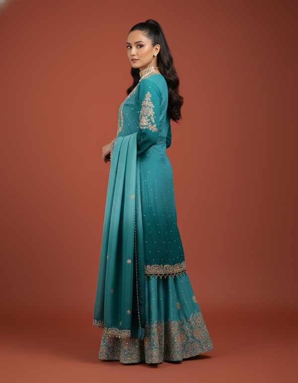 Festive Glam Chinon Silk 3-Piece Dual color Outfit with Sequins Rivet Moti Work