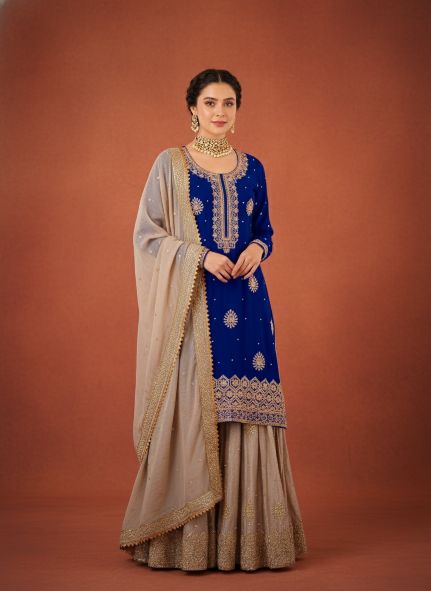 Designer Chinon Silk Wedding Sharara Set