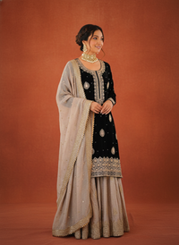 Elegant Designer Chinon Silk Wedding Sharara Set, featuring intricate embroidery and traditional design for bridal wear.