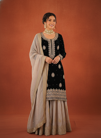 Elegant Designer Chinon Silk Wedding Sharara Set, featuring intricate embroidery and traditional design for bridal wear.