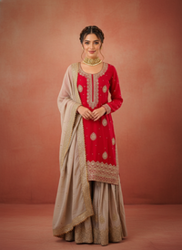 Elegant Designer Chinon Silk Wedding Sharara Set, featuring intricate embroidery and traditional design for bridal wear.