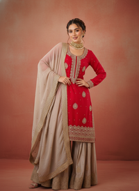 Elegant Designer Chinon Silk Wedding Sharara Set, featuring intricate embroidery and traditional design for bridal wear.