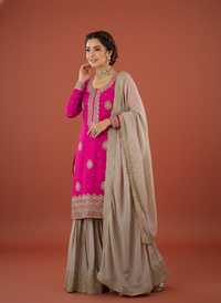 Elegant Designer Chinon Silk Wedding Sharara Set, featuring intricate embroidery and traditional design for bridal wear.