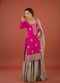 Elegant Designer Chinon Silk Wedding Sharara Set, featuring intricate embroidery and traditional design for bridal wear.