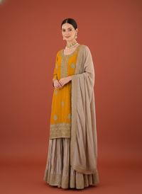 Elegant Designer Chinon Silk Wedding Sharara Set, featuring intricate embroidery and traditional design for bridal wear.