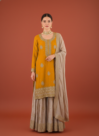 Elegant Designer Chinon Silk Wedding Sharara Set, featuring intricate embroidery and traditional design for bridal wear.