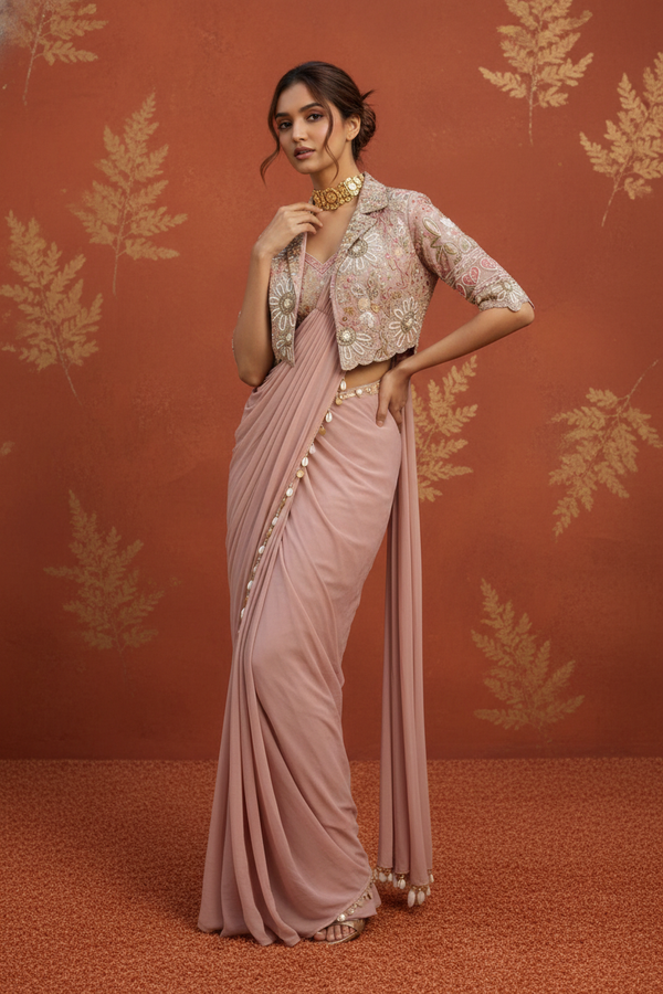 Premium Ready-to-Wear Crepe Silk Saree with Embroidery Work and Lace Border