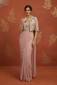 Premium Crepe Silk Ready-to-Wear Saree with intricate embroidery work and elegant lace border