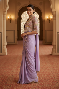 Premium Crepe Silk Ready-to-Wear Saree with intricate embroidery work and elegant lace border