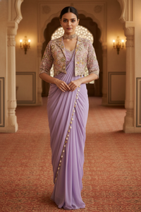 Premium Crepe Silk Ready-to-Wear Saree with intricate embroidery work and elegant lace border