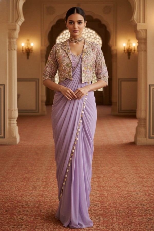 Premium Ready-to-Wear Crepe Silk Saree with Embroidery Work and Lace Border