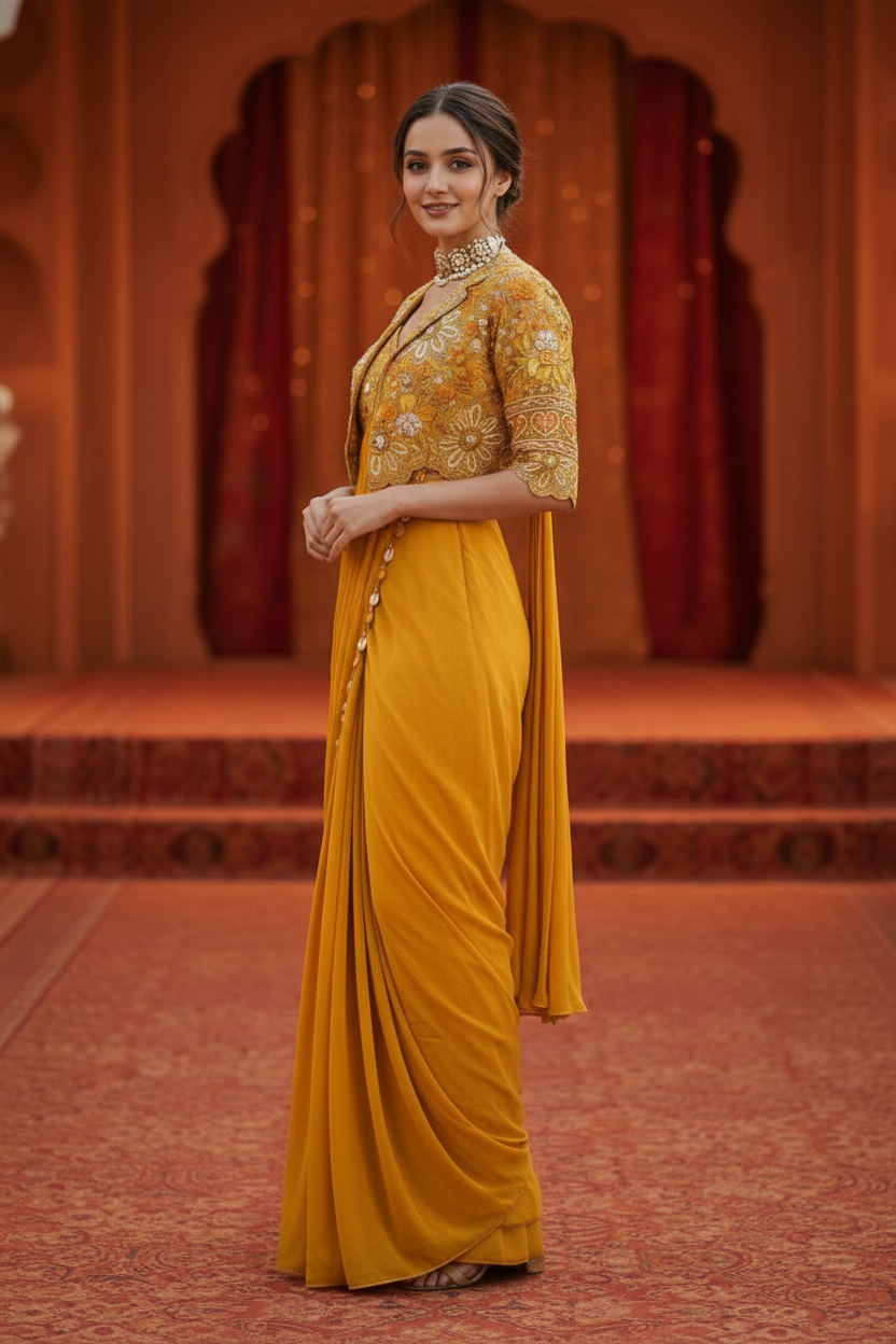 Premium Ready-to-Wear Crepe Silk Saree with Embroidery Work and Lace Border