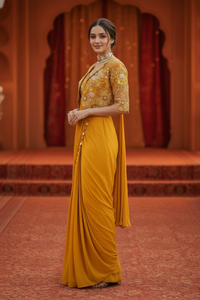 Premium Crepe Silk Ready-to-Wear Saree with intricate embroidery work and elegant lace border